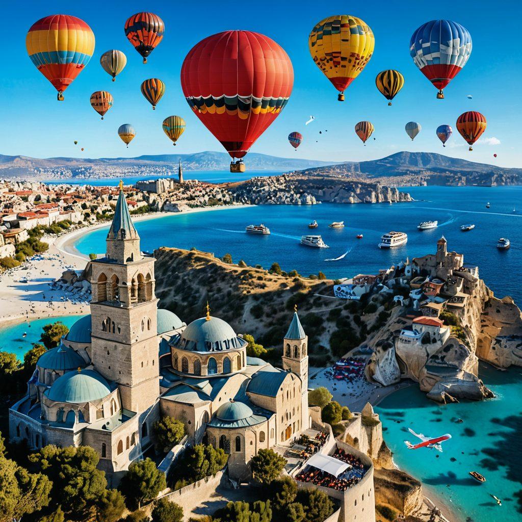 A beautiful collage showcasing iconic landmarks in Turkey, such as the Hagia Sophia, Cappadocia hot air balloons, and turquoise sea beaches. Include a plane soaring above with destinations marked on the map, symbolizing affordable travel. Use vibrant colors to evoke a sense of adventure and excitement. super-realistic. vibrant colors. white background.