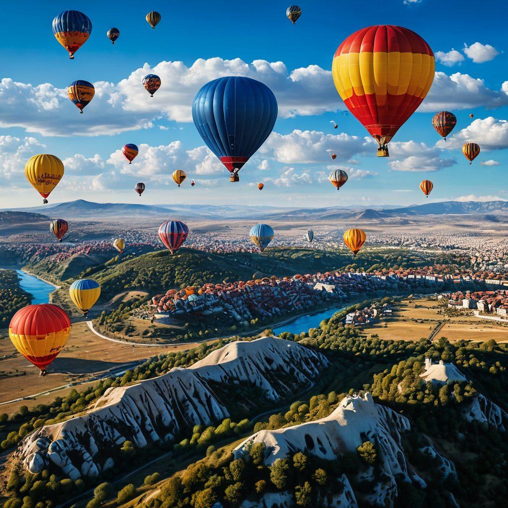 A picturesque view of a vibrant Turkish landscape from above, showcasing colorful hot air balloons floating in a bright blue sky. In the foreground, an airplane ascending towards the clouds, symbolizing affordable air travel. Elements such as iconic Turkish landmarks like the Hagia Sophia blended subtly into the clouds. Capturing a sense of adventure and exploration. super-realistic. vibrant colors. 3D.